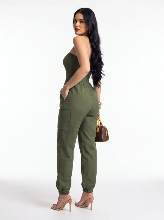 Jamota Women's Strapless Olive Green Casual Jumpsuit with Elastic Waist - Pockets and Adjustable Waist by Jamota One-Pieces Women's Jumpsuits