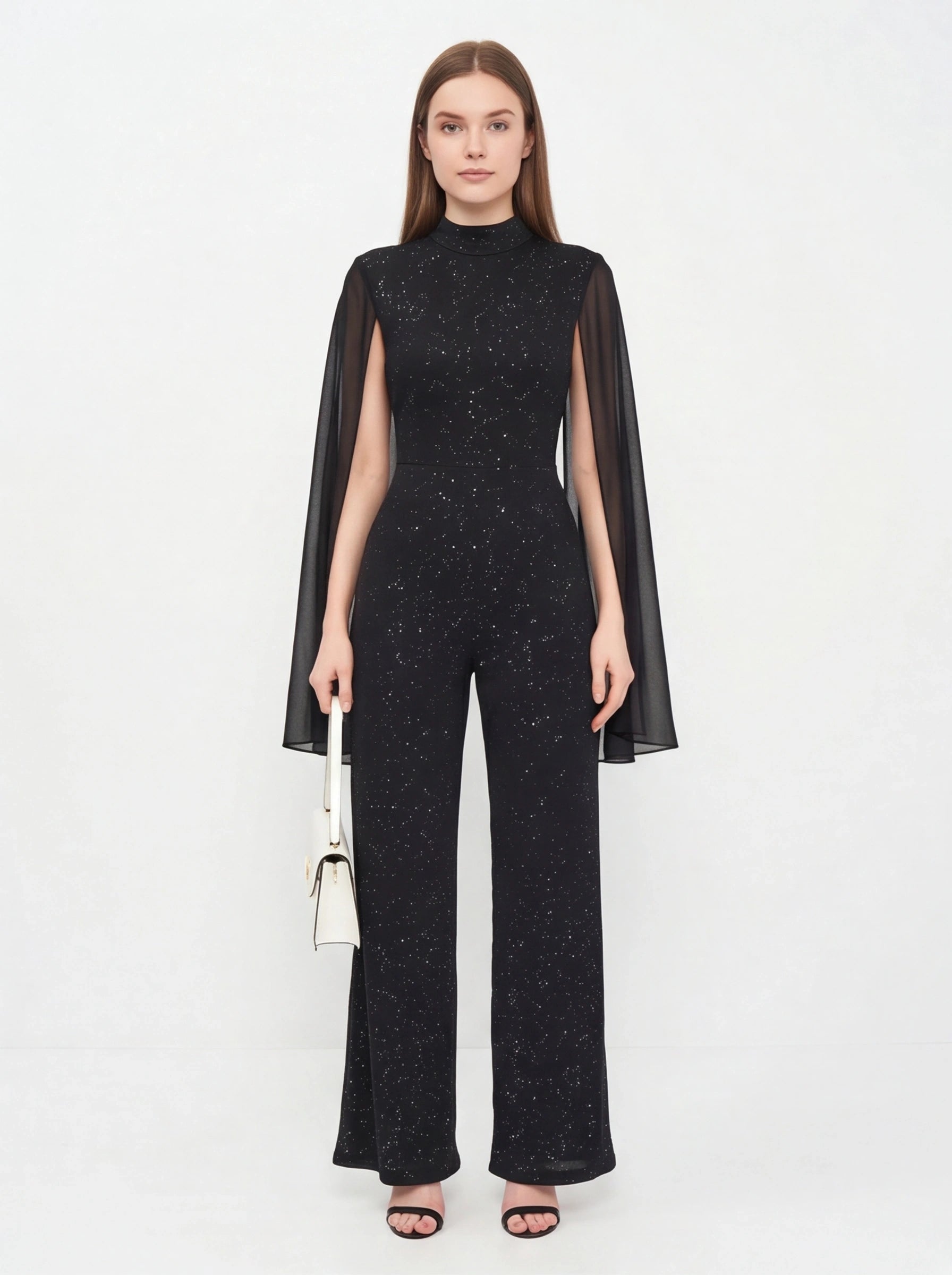 Jamota black glitter chiffon jumpsuit with sheer cape sleeves and high neckline, one-piece
