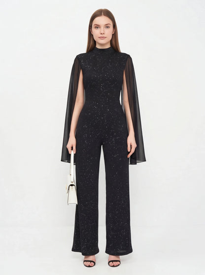 Jamota black glitter chiffon jumpsuit with sheer cape sleeves and high neckline, one-piece