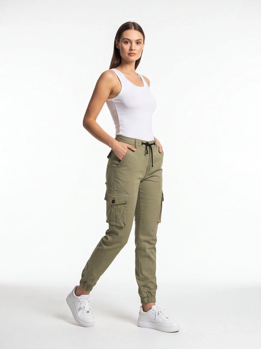 Black Cargo Pants Cuffed Zipper Fly Drawstring Elastic Back Waist Multiple Flap Pockets Polyester - Jamota