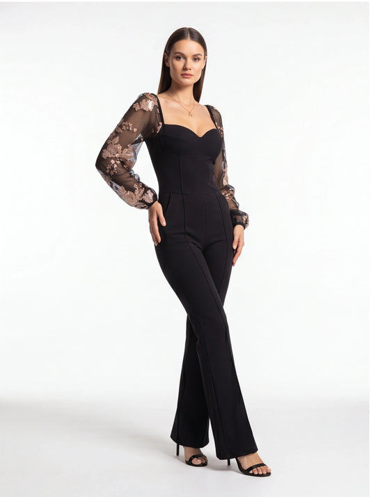 Elegant Flared Jumpsuit with Pockets and Adjustable Straps by Jamota One-Pieces Jumpsuits & Rompers