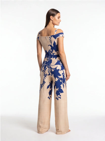 Elegant Floral Wide-Leg Jumpsuit with Pockets and Adjustable Straps by Jamota One-Pieces Jumpsuits