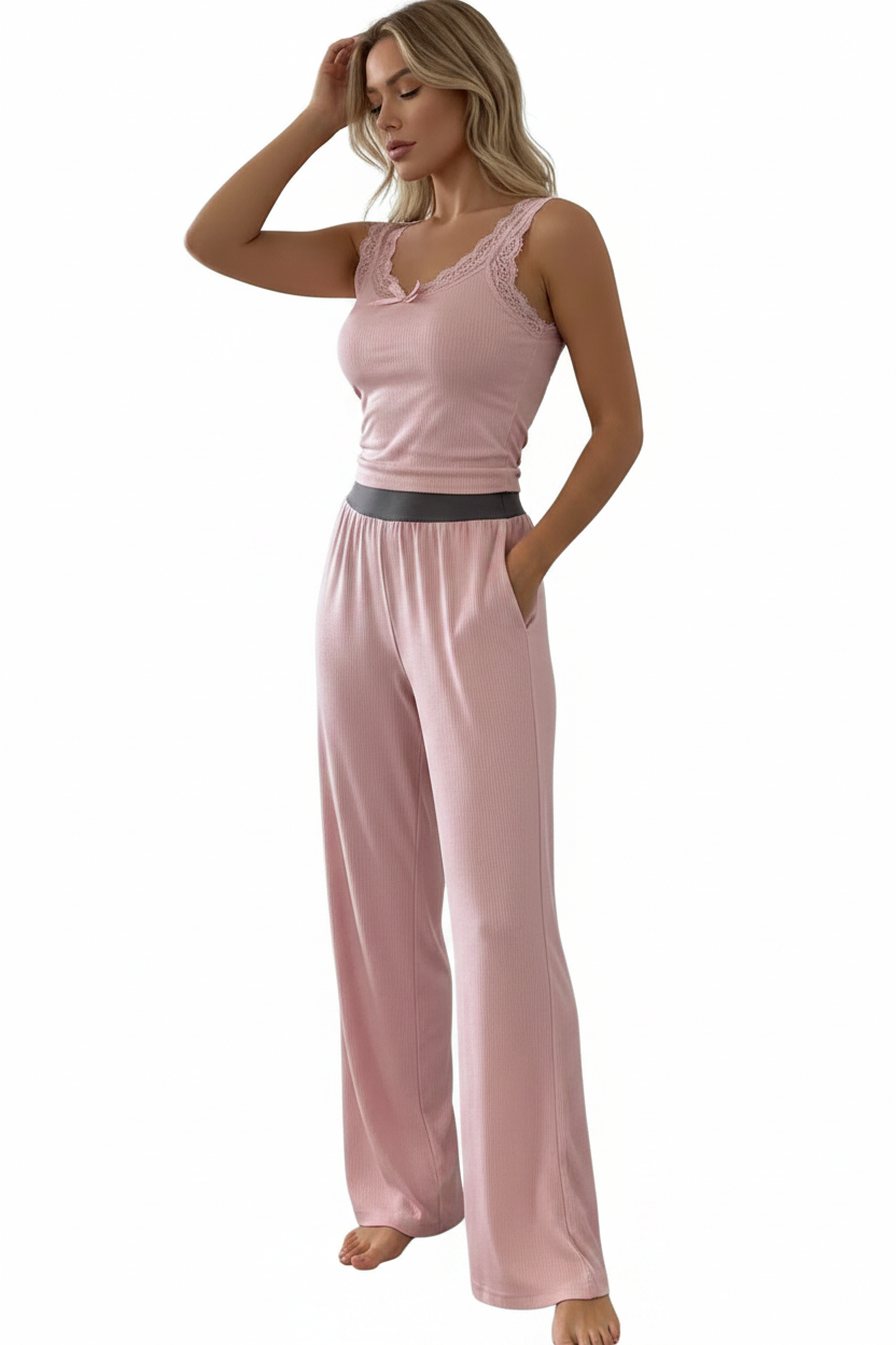 Women's Ribbed Pajama Set with Lace Accents | Soft & Comfortable Loung by Jamota Pajamas Women's Sleepwear & Loungewear