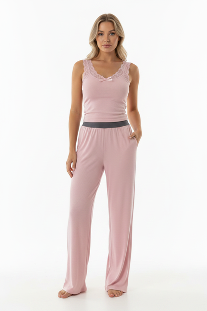 Women's Ribbed Pajama Set with Lace Accents | Soft & Comfortable Loung by Jamota Pajamas Women's Sleepwear & Loungewear