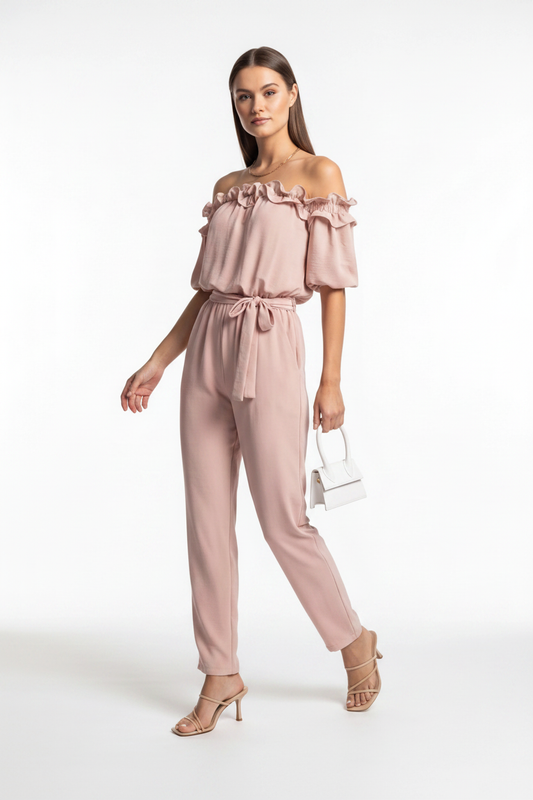 Lightweight Off-Shoulder Jumpsuit with Pockets by Jamota One-Pieces Jumpsuits