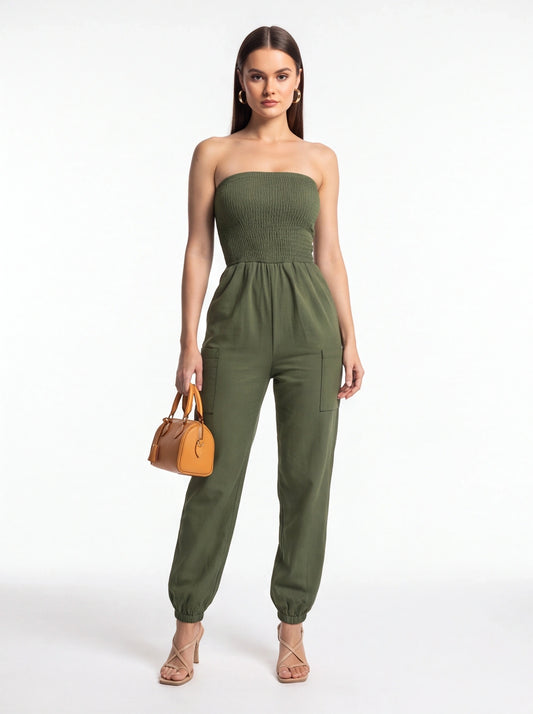 Jamota Women's Strapless Olive Green Casual Jumpsuit with Elastic Waist - Pockets and Adjustable Waist by Jamota One-Pieces Women's Jumpsuits