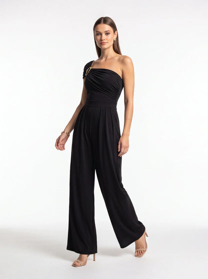 Jamota black women's jumpsuits with one-shoulder draped bodice, belted waist and wide legs