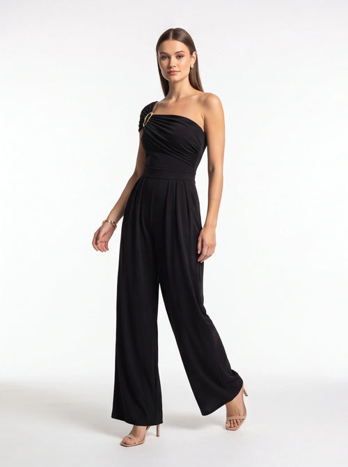 Jamota black women's jumpsuits with one-shoulder draped bodice, belted waist and wide legs