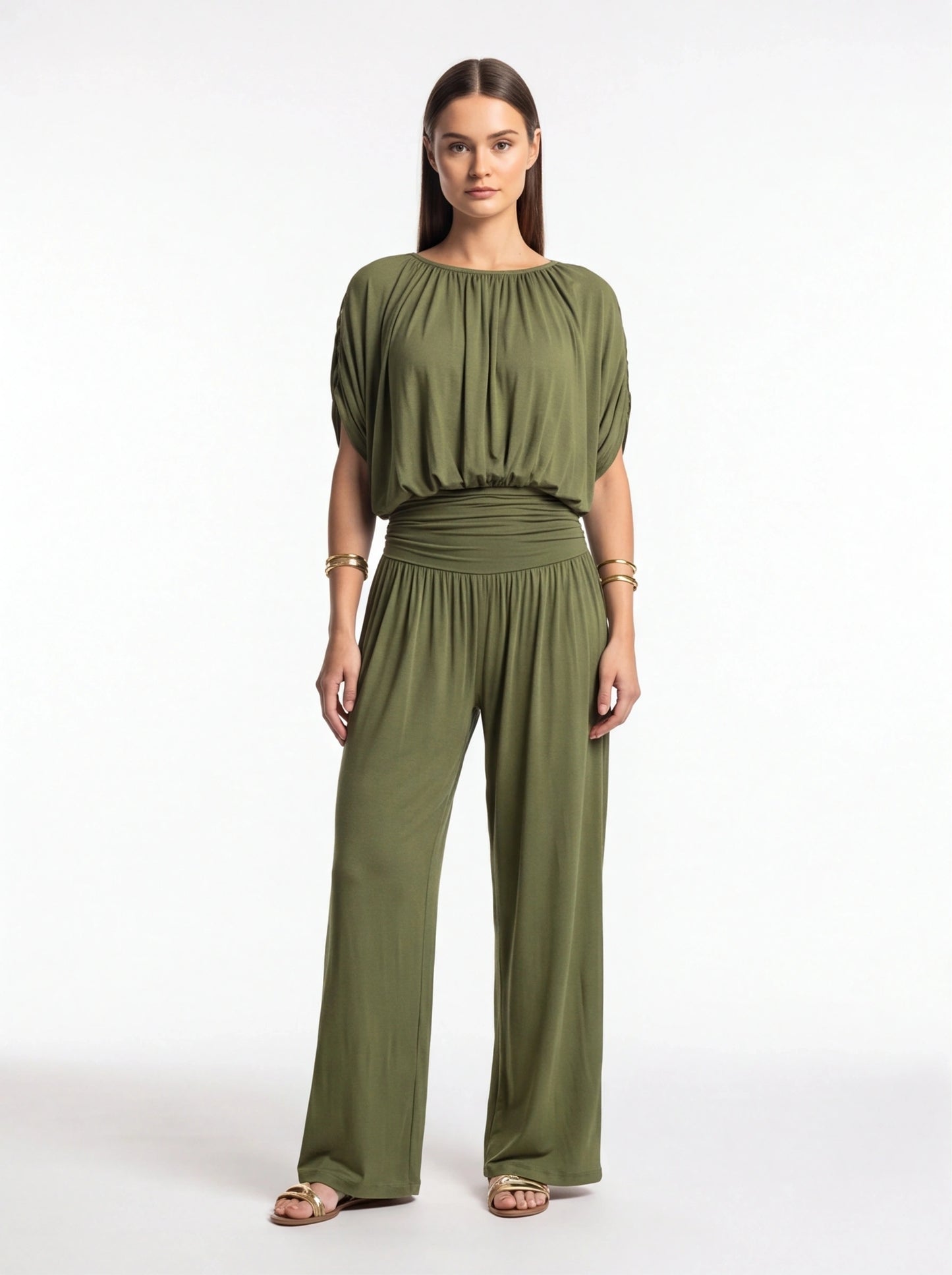 Jamota olive green jumpsuits with draped, gathered neckline, cinched waist and wide-leg pants