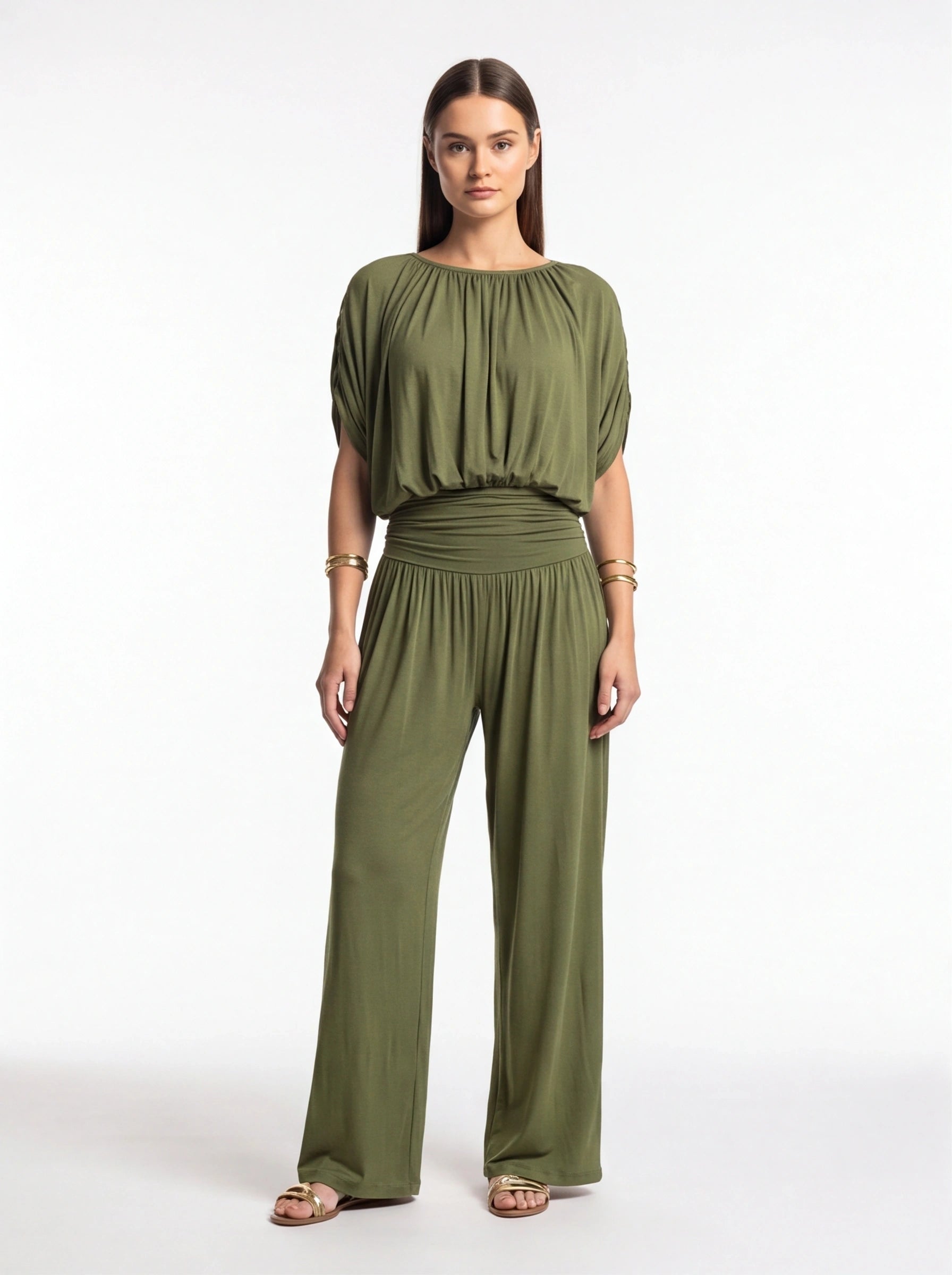 Jamota olive green jumpsuits with draped, gathered neckline, cinched waist and wide-leg pants