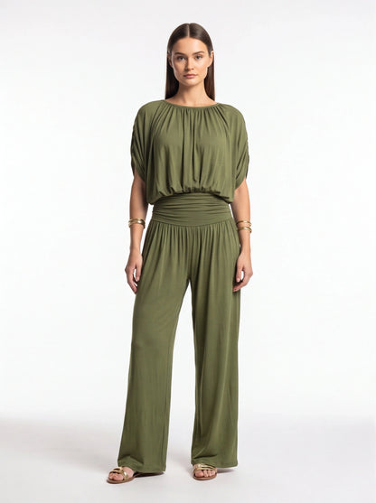 Jamota olive green jumpsuits with draped, gathered neckline, cinched waist and wide-leg pants