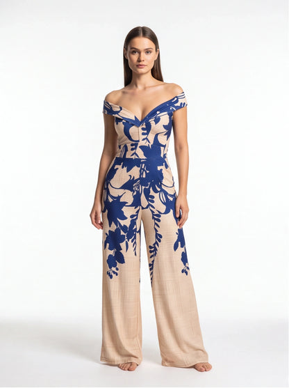 Elegant Floral Wide-Leg Jumpsuit with Pockets and Adjustable Straps by Jamota One-Pieces Jumpsuits