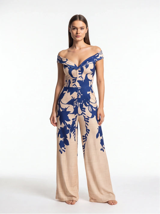 Elegant Floral Wide-Leg Jumpsuit with Pockets and Adjustable Straps by Jamota One-Pieces Jumpsuits