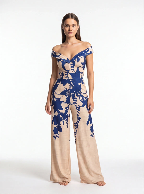 Elegant Floral Wide-Leg Jumpsuit with Pockets and Adjustable Straps
