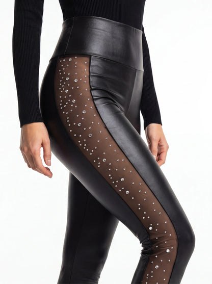Rhinestone High Waist Skinny Pants with Mesh Inserts and Slim Fit by Jamota Uncategorized High Waist