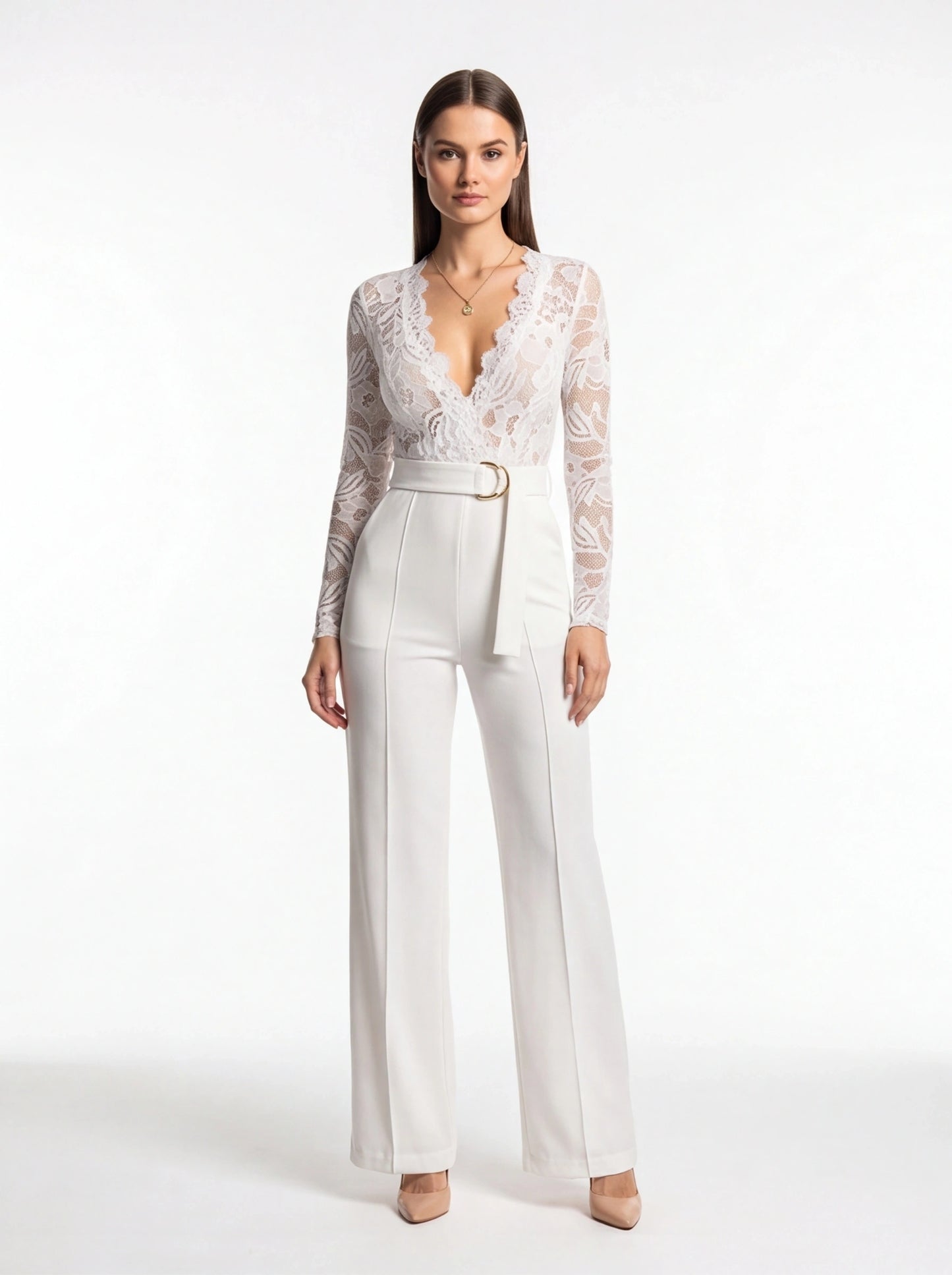 Jamota white floral lace jumpsuit with long sleeves, deep V-neckline, belt, and wide-leg pants