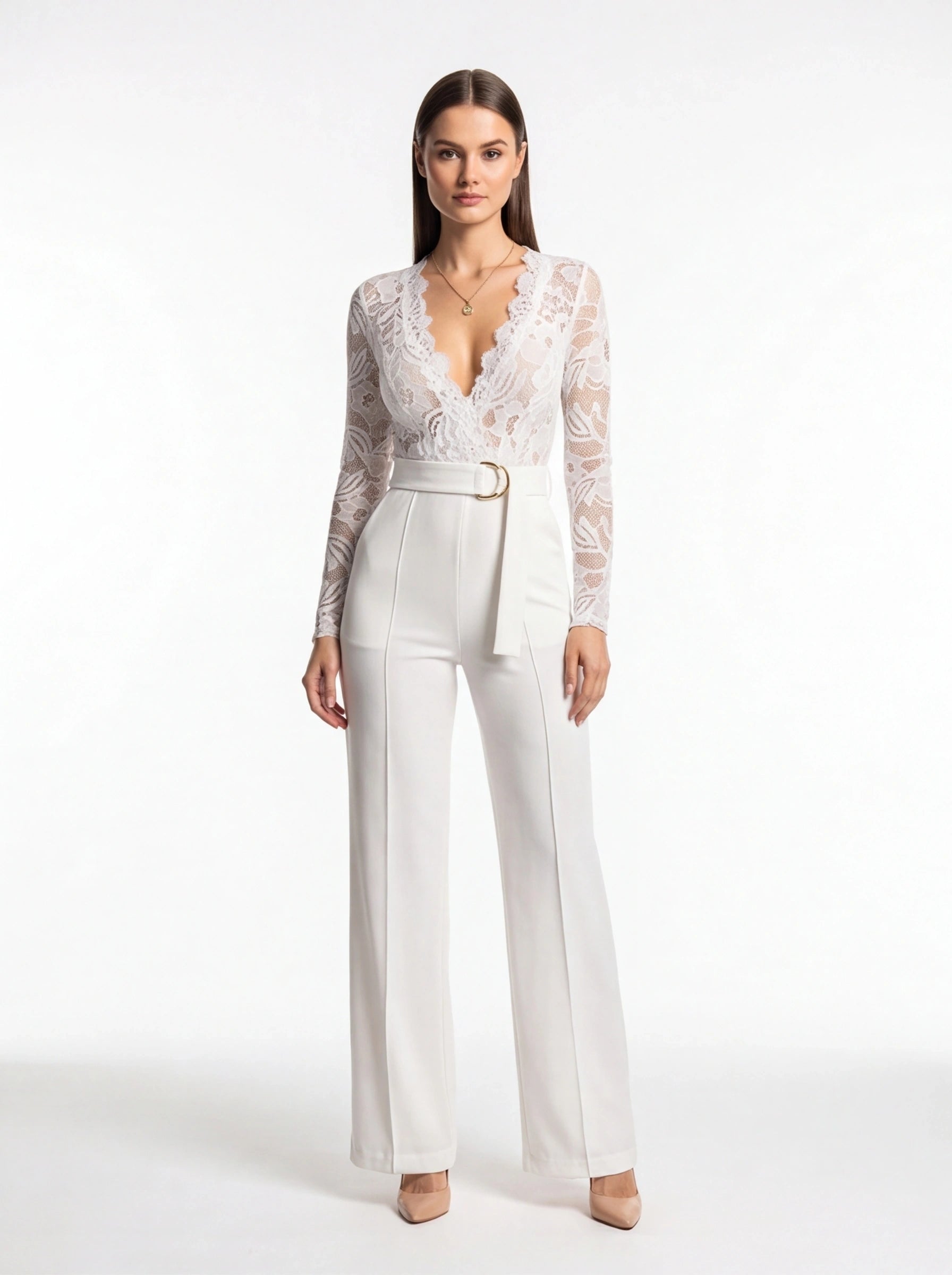 Jamota white floral lace jumpsuit with long sleeves, deep V-neckline, belt, and wide-leg pants