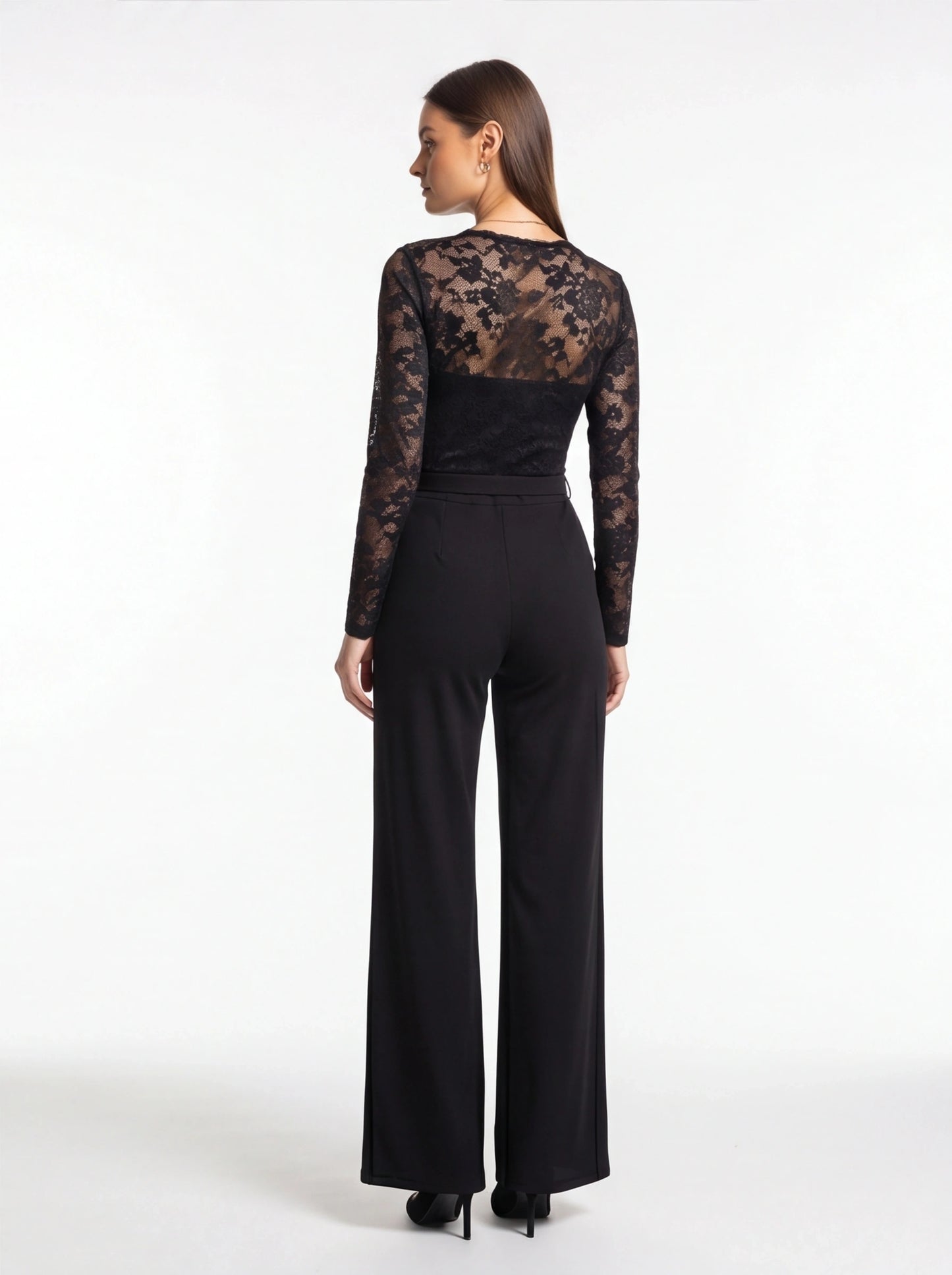 Jamota black jumpsuit with lace sheer back bodice, long sleeves and wide-leg pants