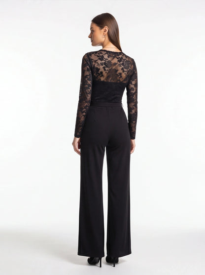 Jamota black jumpsuit with lace sheer back bodice, long sleeves and wide-leg pants