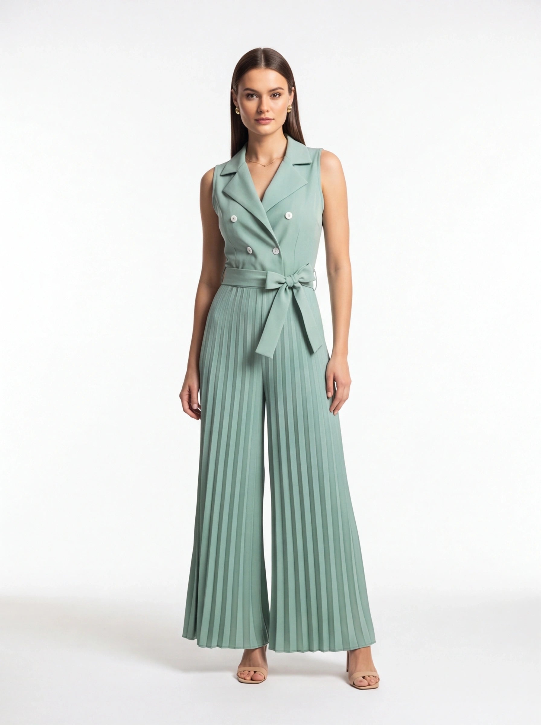 Wide-Leg Jumpsuit with Notched Collar and Belted Waist by Jamota One-Pieces Jumpsuits