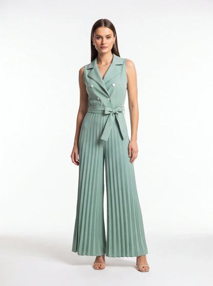 Wide-Leg Jumpsuit with Notched Collar and Belted Waist by Jamota One-Pieces Jumpsuits