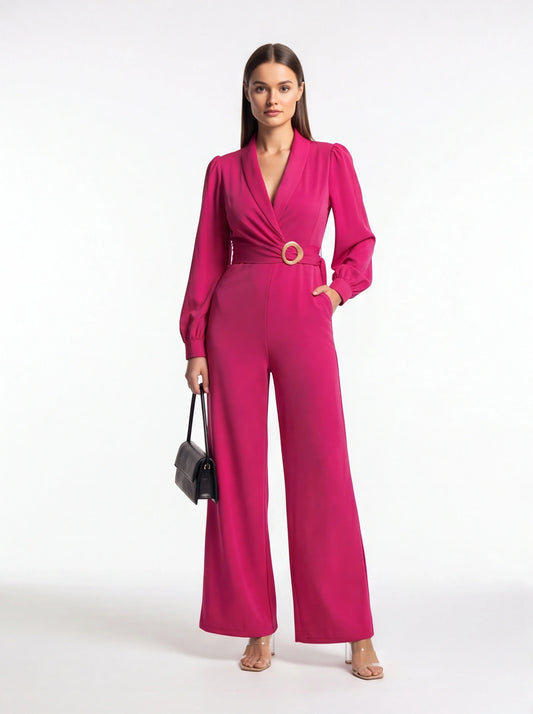 Elegant Wide-Leg Jumpsuit for Women with Pockets & Belted Waist by Jamota One-Pieces Jumpsuits