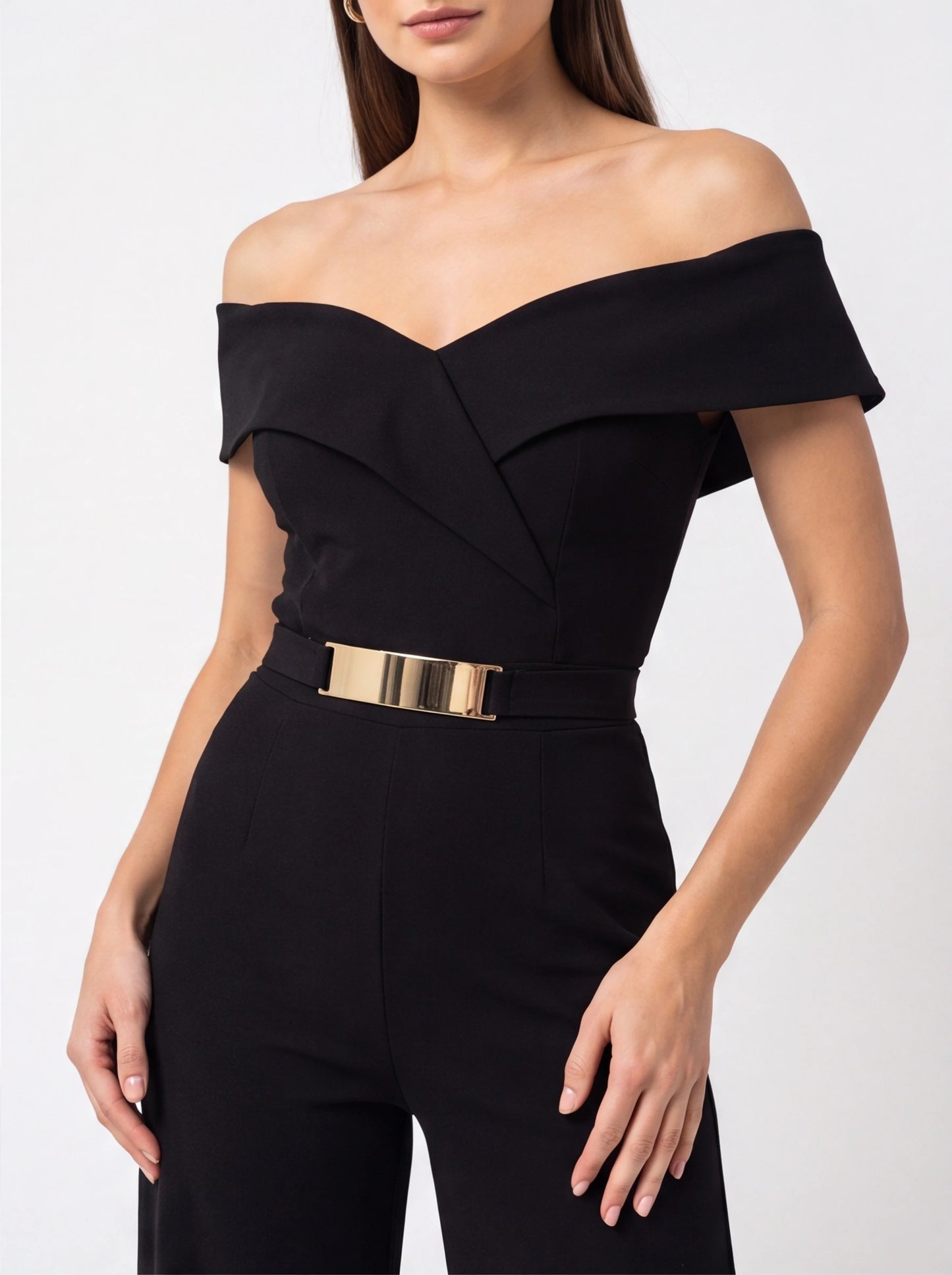 Elegant Black Off-Shoulder Wide-Leg Jumpsuit with Belt - Jamota