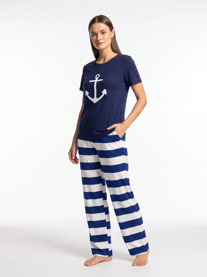 Nautical Dreams Women's Pajama Set | Soft Fabric & Anchor Design - Jamota