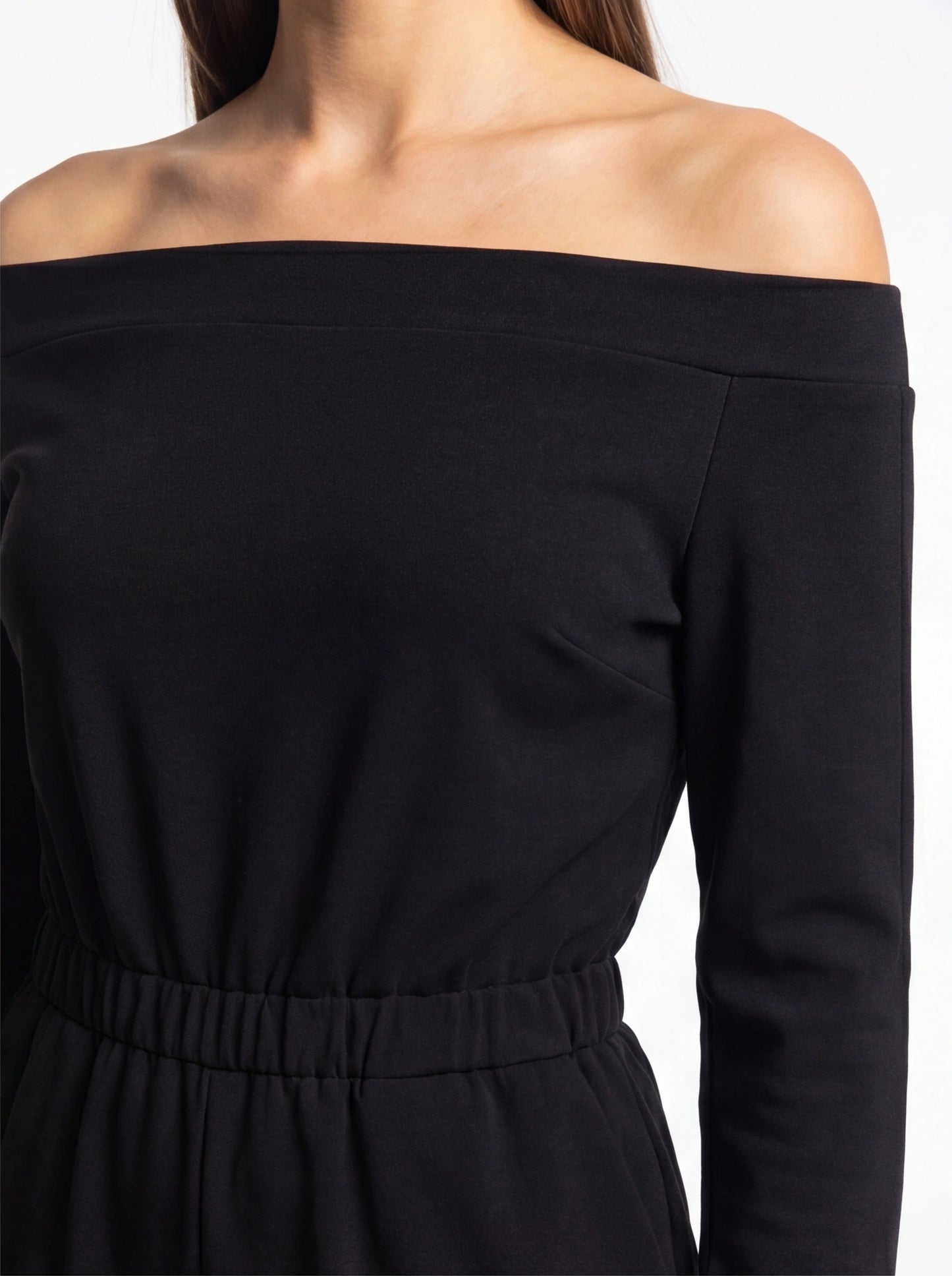 Jamota black off-shoulder jumpsuit with elastic waist and long sleeves