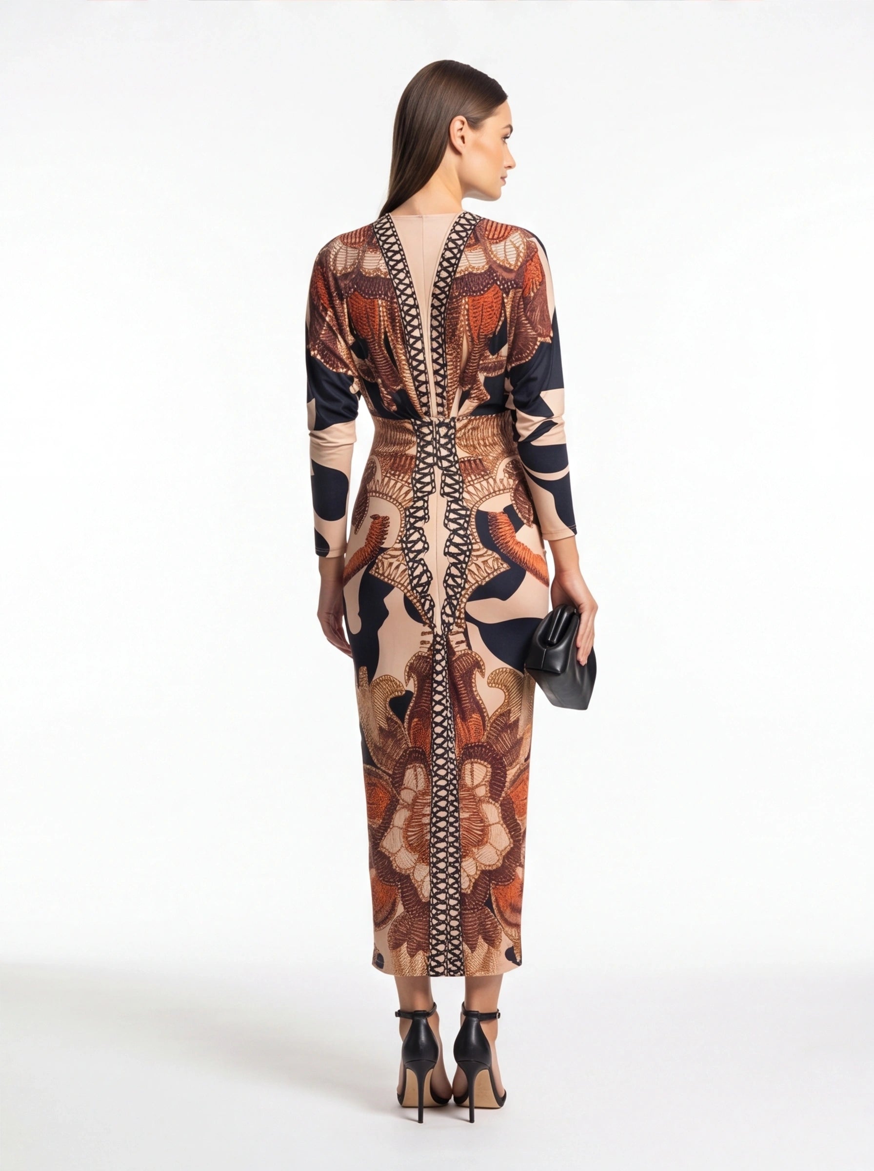 Brown Baroque Print Bodycon Maxi Dress with Front Slit - Jamota