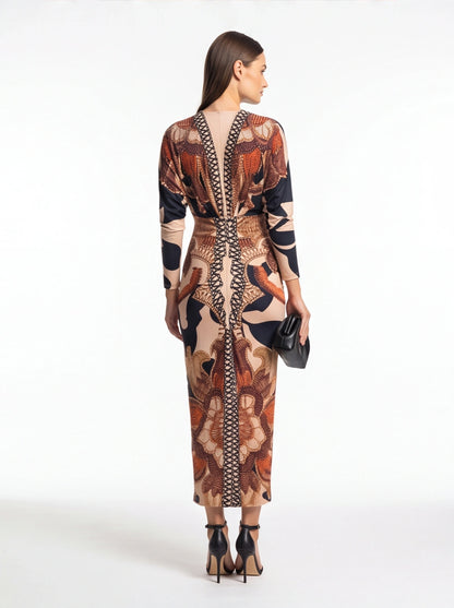 Brown Baroque Print Bodycon Maxi Dress with Front Slit - Jamota