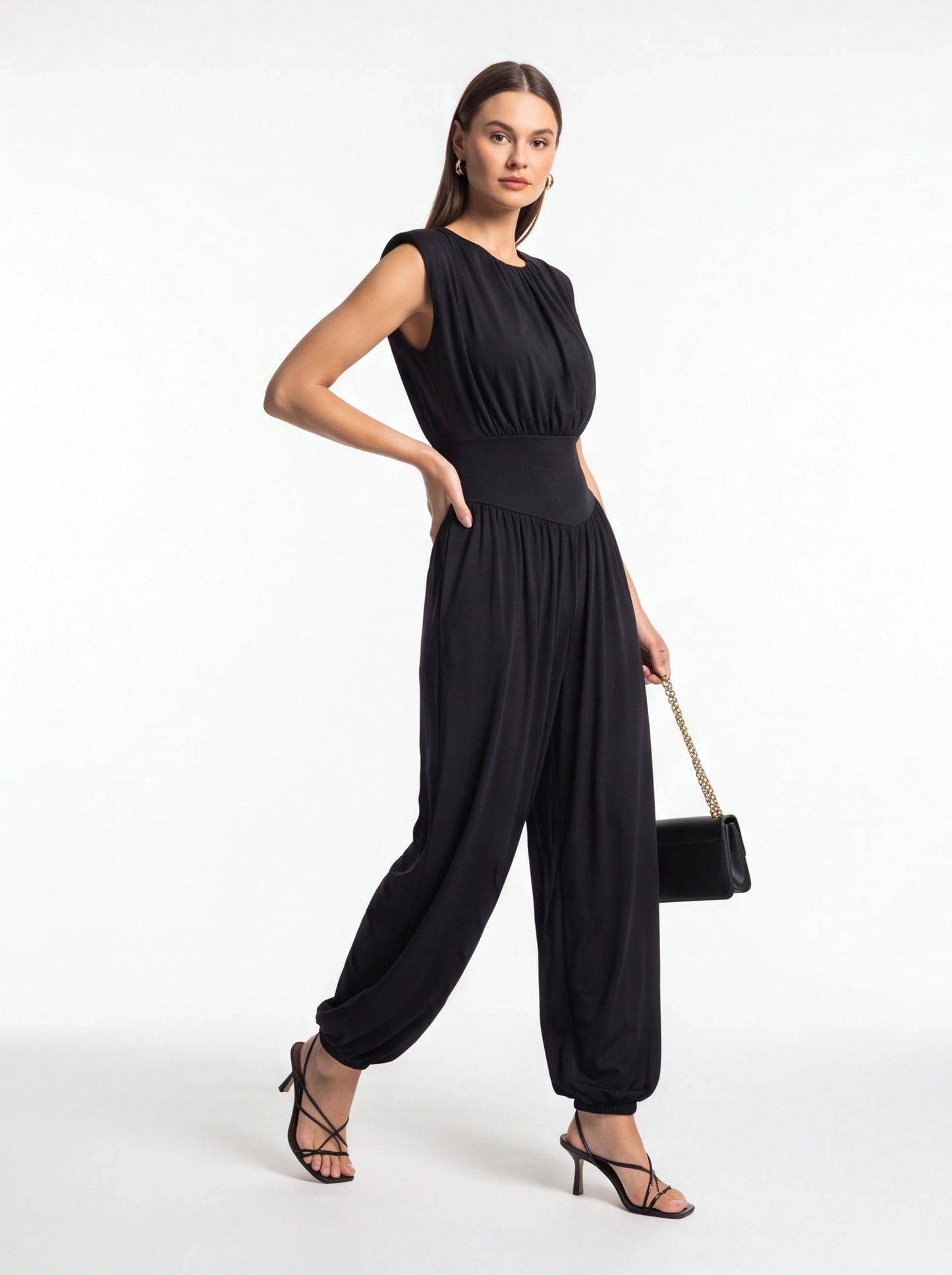 Elegant Casual Ruched Jumpsuit with Adjustable Straps & Pockets by Jamota One-Pieces Women's Jumpsuits