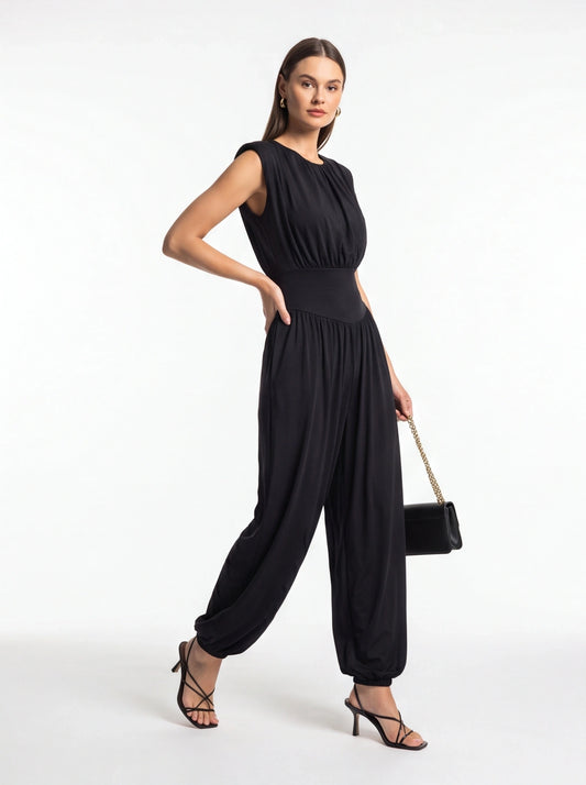 Elegant Casual Ruched Jumpsuit with Adjustable Straps & Pockets by Jamota One-Pieces Women's Jumpsuits