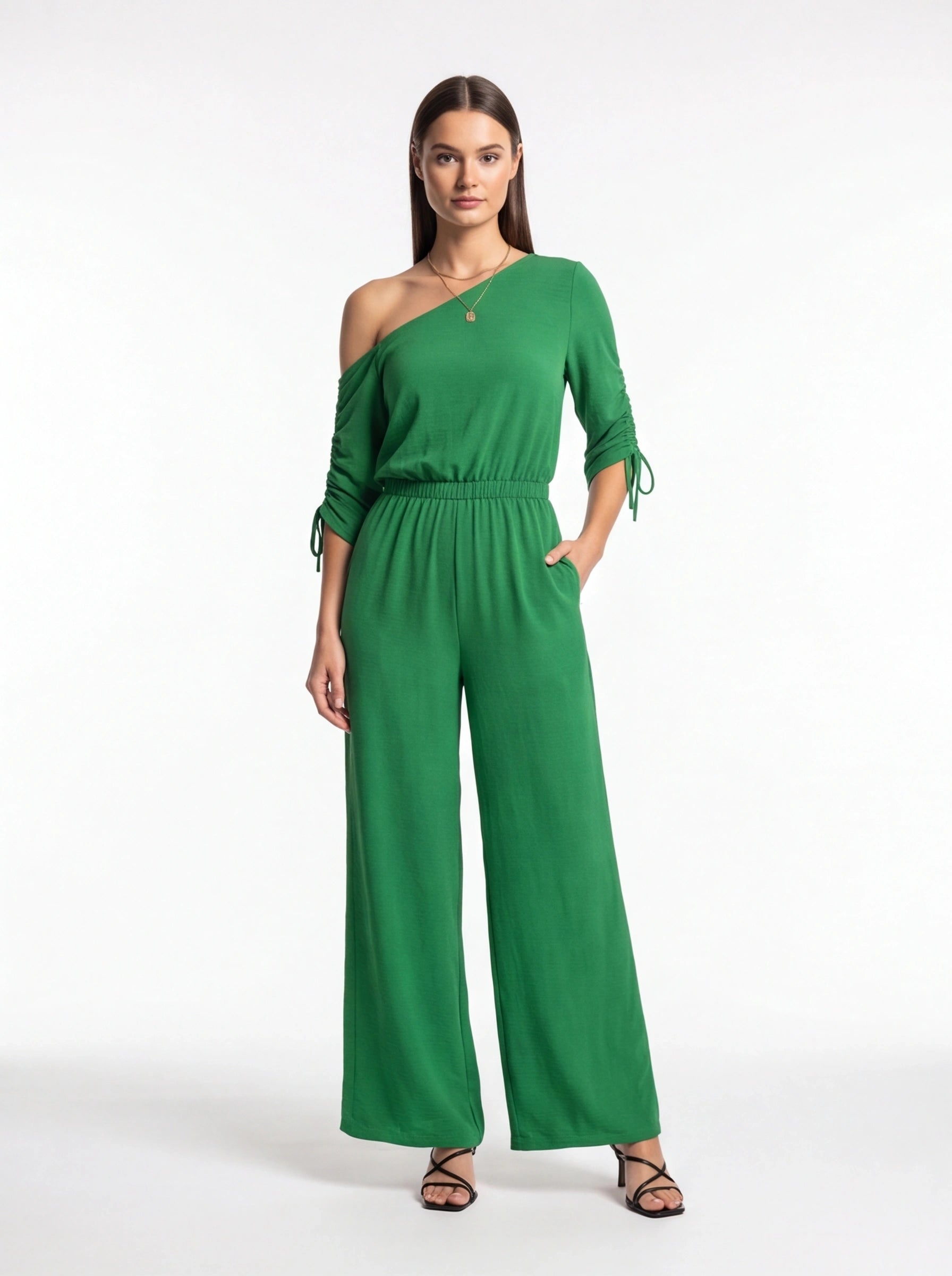 Jamota green one-shoulder jumpsuit with ruched sleeves and tied cuffs, elastic waistband, wide legs and pockets