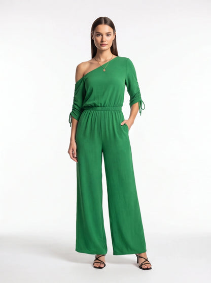 Jamota green one-shoulder jumpsuit with ruched sleeves and tied cuffs, elastic waistband, wide legs and pockets