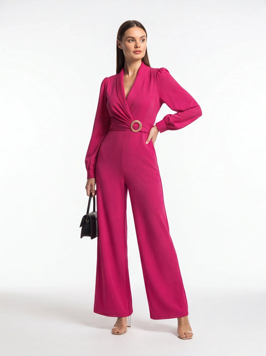 Elegant Wide-Leg Jumpsuit for Women with Pockets & Belted Waist by Jamota One-Pieces Jumpsuits