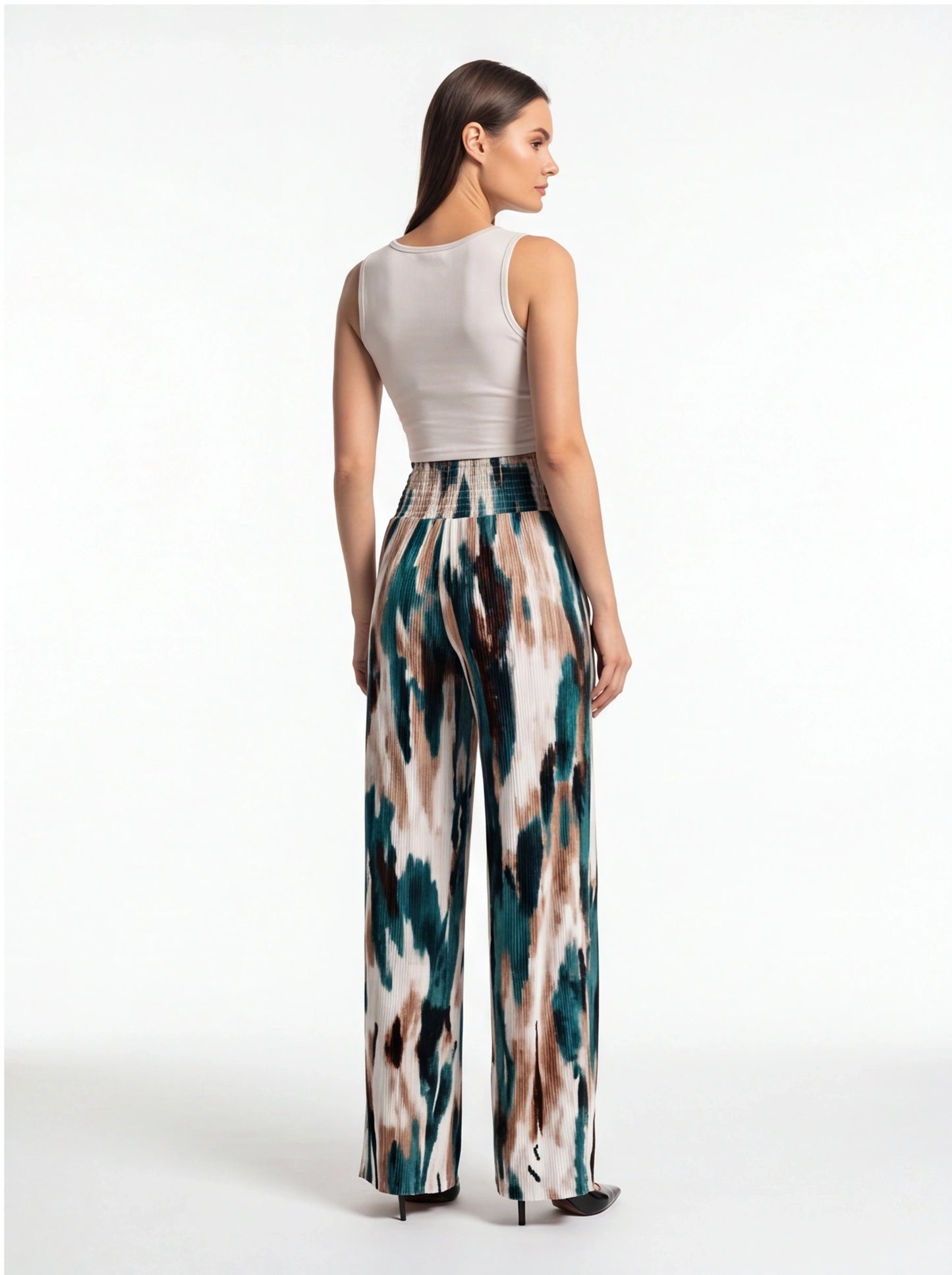 Tie Dye Pleated Wide Leg Pants with High Waist and Elastic Waistband