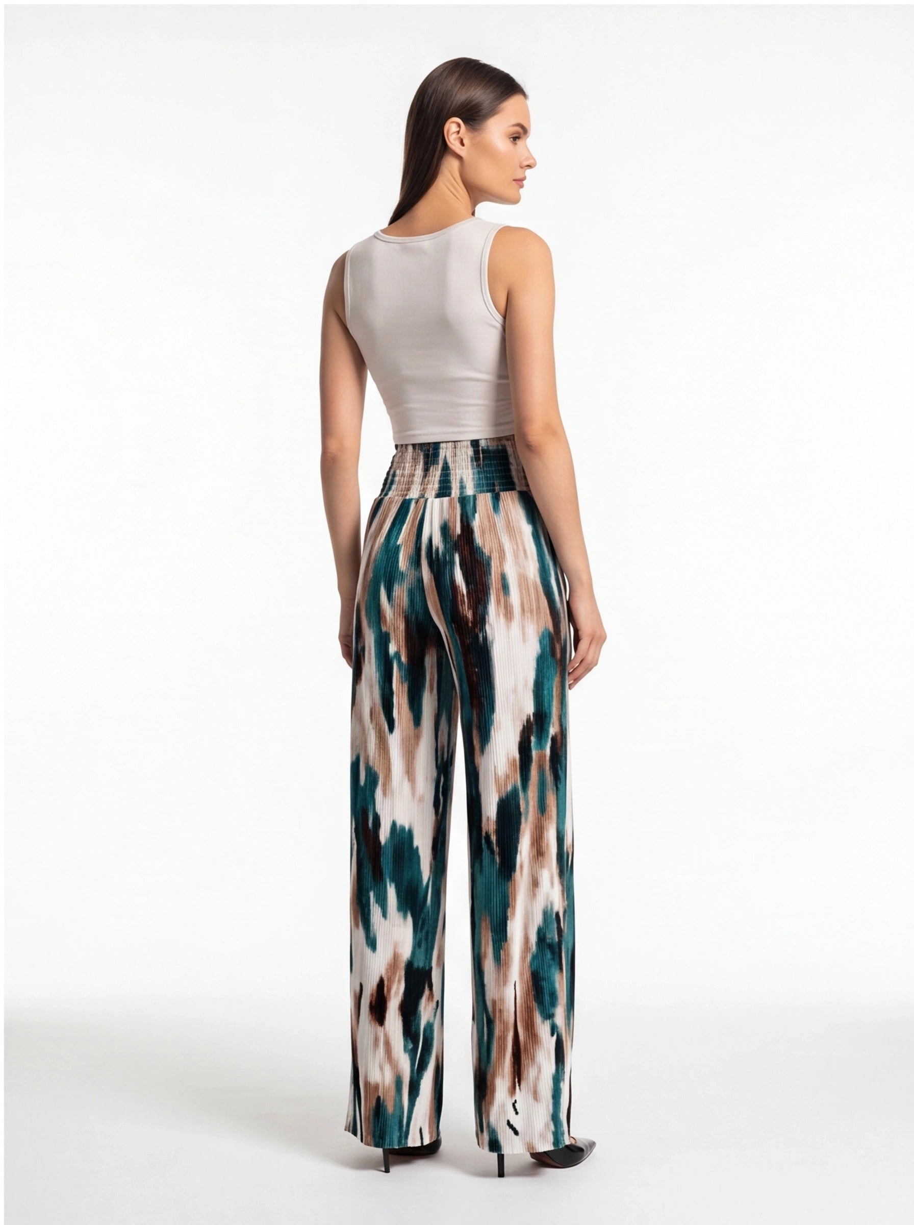 Tie Dye Pleated Wide Leg Pants with High Waist and Elastic Waistband