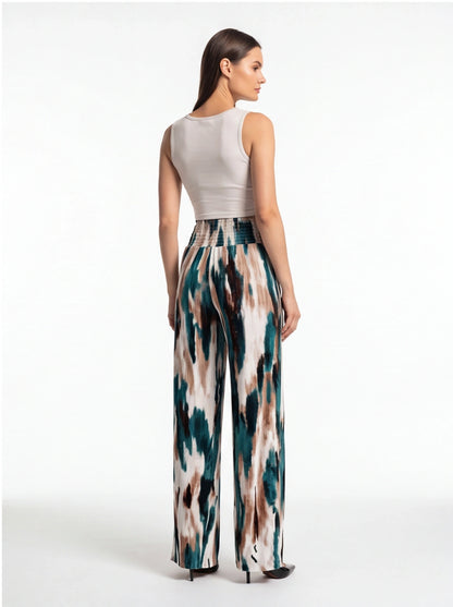 Tie Dye Pleated Wide Leg Pants with High Waist and Elastic Waistband