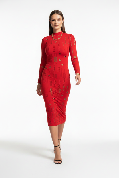 Mock Neck Bodycon Dress with Hollow-Out Panels - Jamota