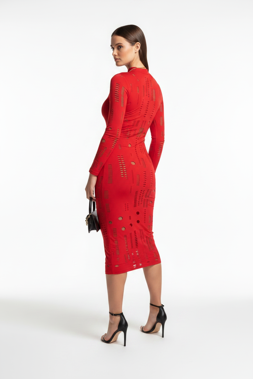 Mock Neck Bodycon Dress with Hollow-Out Panels - Jamota