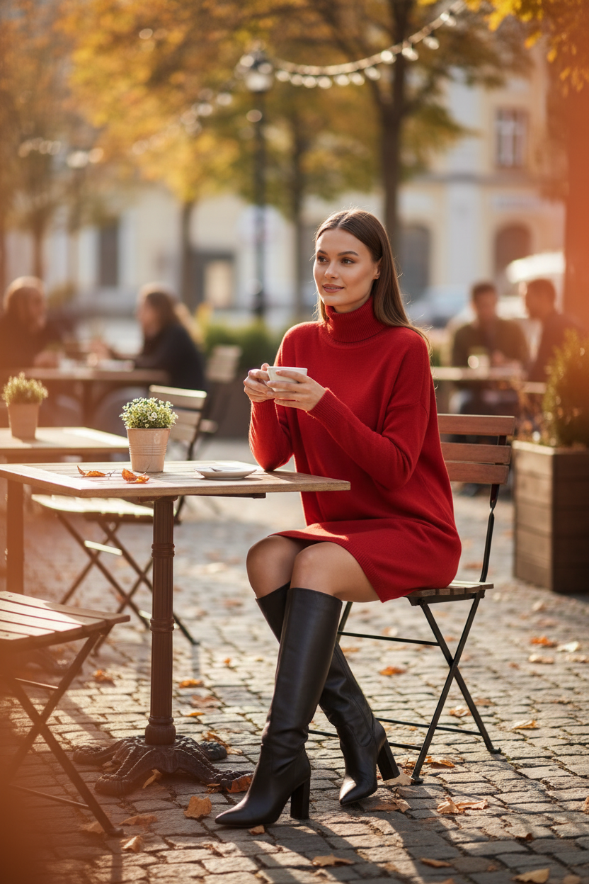 Black Turtleneck Sweater Dress with Long Sleeves - Jamota