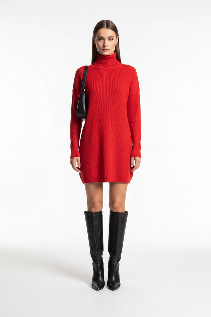 Cozy Black Turtleneck Sweater Dress with Long Sleeves and Ribbed Detail by Jamota Dresses Sweater Dresses
