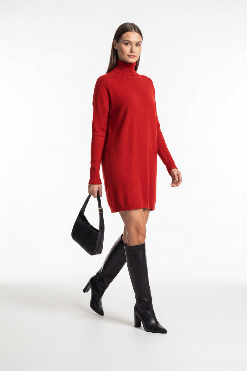 Cozy Black Turtleneck Sweater Dress with Long Sleeves and Ribbed Detail by Jamota Dresses Sweater Dresses
