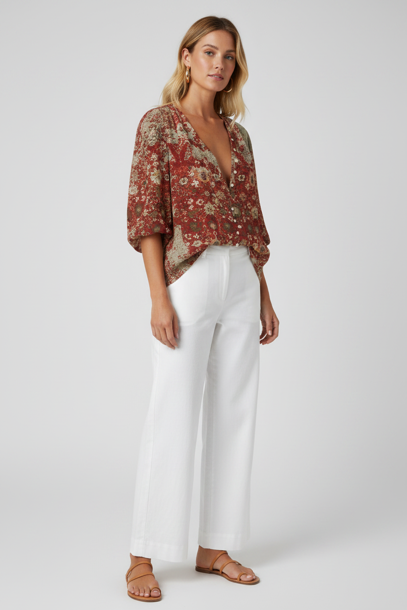 Floral Print Cotton-Blend Blouse with Long Sleeves - Jamota