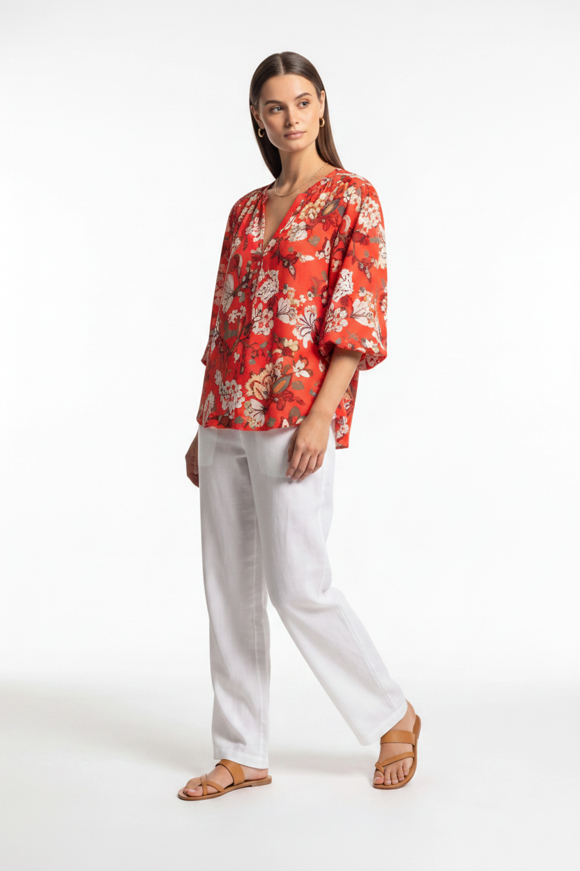 Floral Print Cotton-Blend Blouse with Long Sleeves - Jamota