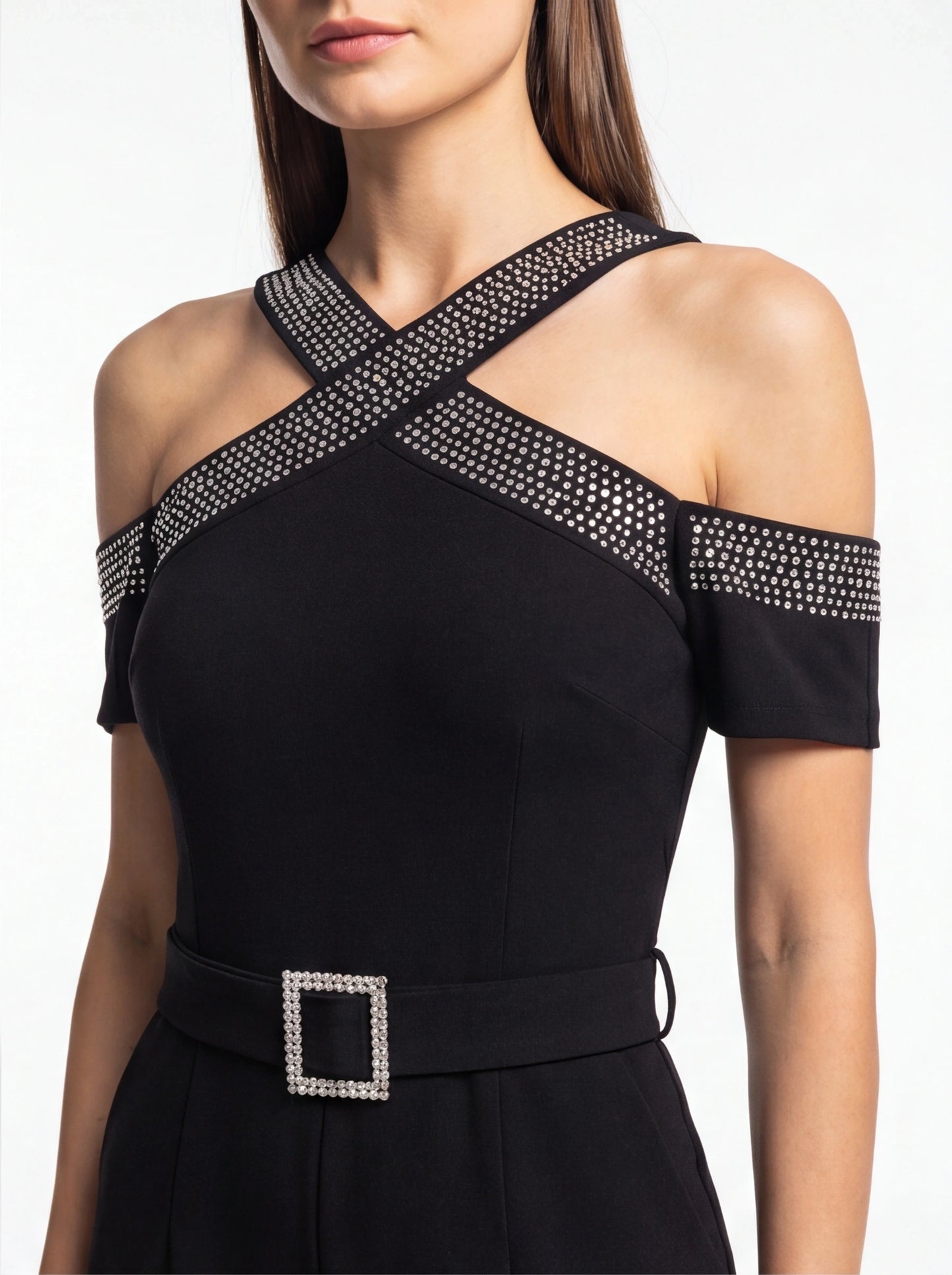 Jamota black Women's Jumpsuits with crisscross rhinestone-embellished straps and rhinestone belt buckle