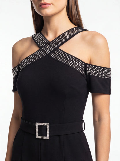 Jamota black Women's Jumpsuits with crisscross rhinestone-embellished straps and rhinestone belt buckle