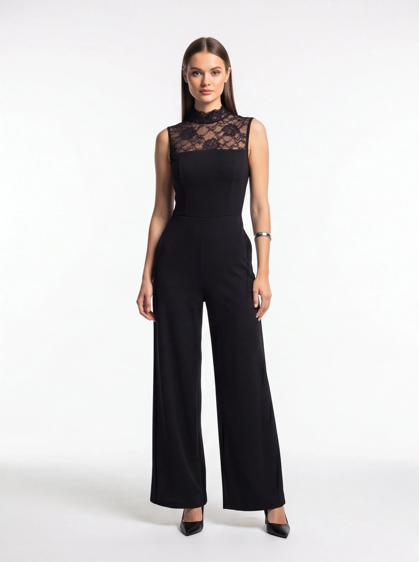 Jamota black sleeveless lace jumpsuit with high-neck lace yoke and wide-leg pants
