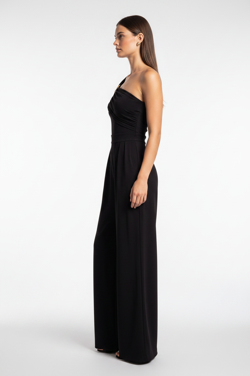 Elegant High-Waisted Wide Leg Jumpsuit with Pockets & Belted Waist by Jamota One-Pieces Women's Jumpsuits